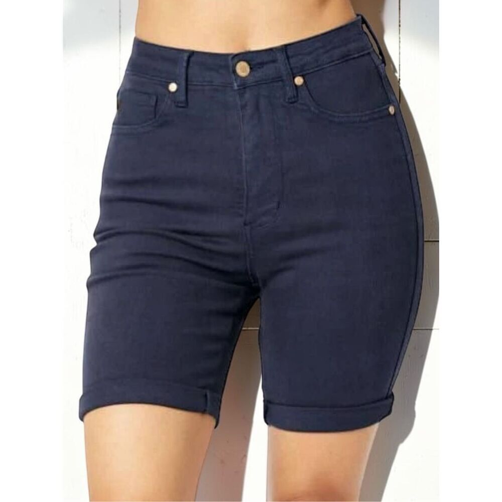 Judy Blue Bermuda Shorts High Rise Tummy Control Stretch Denim Dark Navy Wash